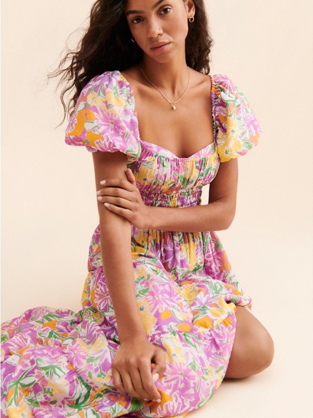 ASTR Florentina Maxi Dress Pink Floral Purple Green Yellow Small Smocked Puff - Picture 9 of 9